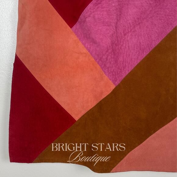 Rare Colorblock Suede Skirt ASO Phoebe Buffay Friends Pink Red Brown Patchwork - Picture 9 of 11